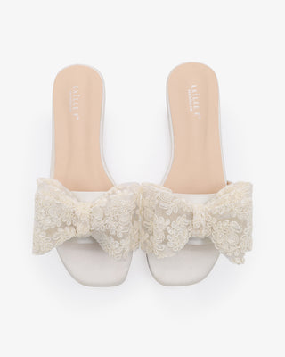 Satin Slip on Sandals with with Oversized Crochet BowWomen Shoes