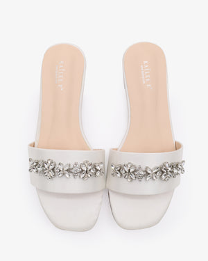 Satin Slip on Sandals with with Floral Rhinestones