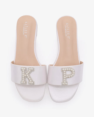 White satin Personalized Satin Slip On Flat Wedding Sandals with pearls and rhinestones letter