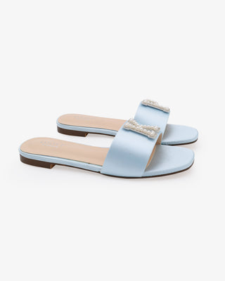Light Blue Satin Slip On Flat Wedding Sandals with Personalized pearls and rhinestones letter