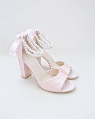 Satin Block Heel Evening Sandals with Double Pearl Strap