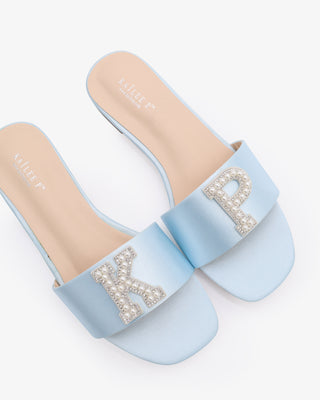 Light Blue Satin Slip On Flat Wedding Sandals with Personalized pearls and rhinestones letter