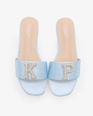 Light Blue Satin Slip On Flat Wedding Sandals with Personalized pearls and rhinestones letter