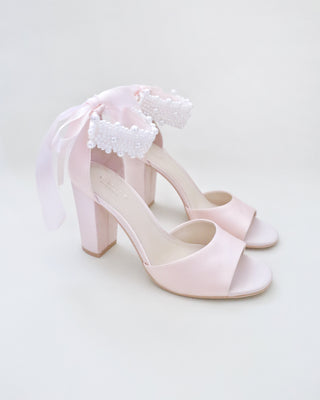 Dusty Pink Satin Block Heel Evening Sandals with Perla Ankle Strap