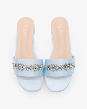 Satin Slip on Sandals with with Floral Rhinestones