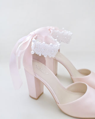 Dusty Pink Satin Block Heel Evening Sandals with Perla Ankle Strap