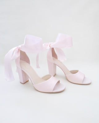 Satin Block Heel Evening Sandals with Wrapped Tie