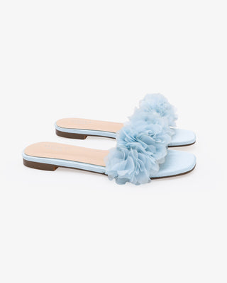 Light Blue Satin Slip on Wedding Sandals with Allover chiffon flowers