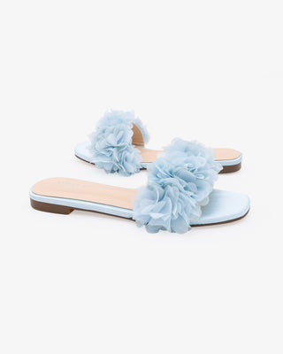 Light Blue Satin Slip on Wedding Sandals with Allover chiffon flowers