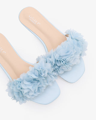 Light Blue Satin Slip on Wedding Sandals with Allover chiffon flowers