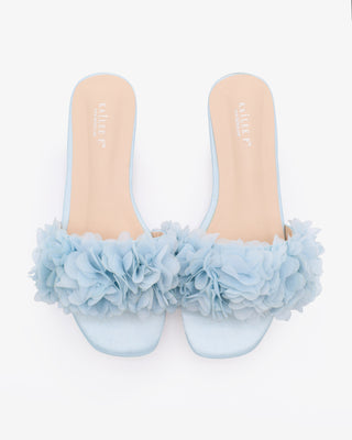 Light Blue Satin Slip on Wedding Sandals with Allover chiffon flowers