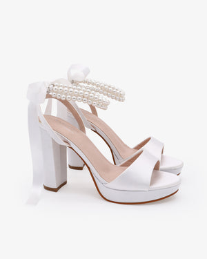Satin Platform Block Heel Wedding Sandals with Double Pearls Ankle Strap