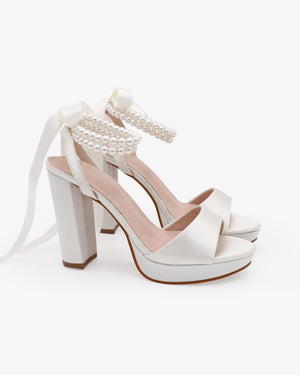 Satin Platform Block Heel Wedding Sandals with Double Pearls Ankle Strap
