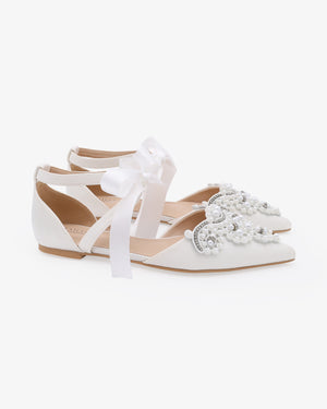 Satin Pointy Toe Flats with Oversized Pearls Applique