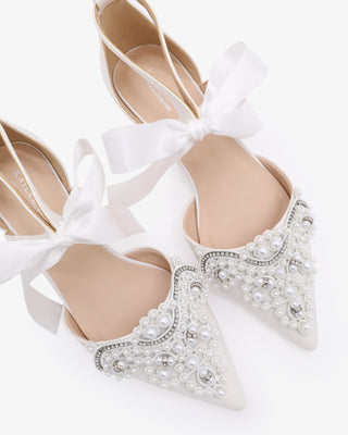 White Satin Pointy Toe Flats with Oversized Pearls Applique