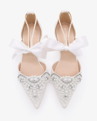 White Satin Pointy Toe Flats with Oversized Pearls Applique