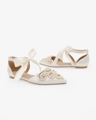 Ivory Satin Pointy Toe Flats with Oversized Pearls Applique