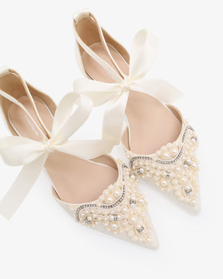 Ivory Satin Pointy Toe Flats with Oversized Pearls Applique