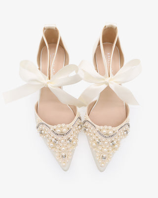 Ivory Satin Pointy Toe Flats with Oversized Pearls Applique