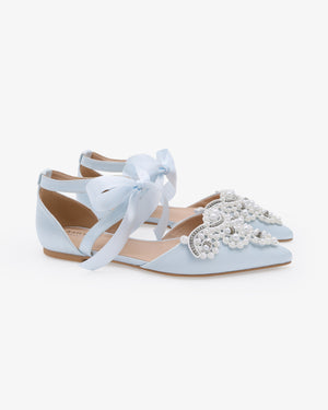 Satin Pointy Toe Flats with Oversized Pearls Applique