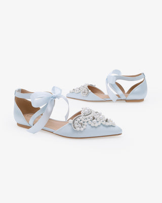 Light Blue Satin Pointy Toe Flats with Oversized Pearls Applique