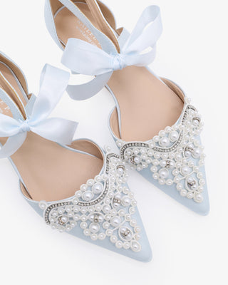 Light Blue Satin Pointy Toe Flats with Oversized Pearls Applique