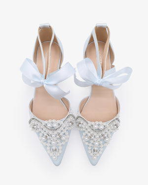 Satin Pointy Toe Flats with Oversized Pearls Applique