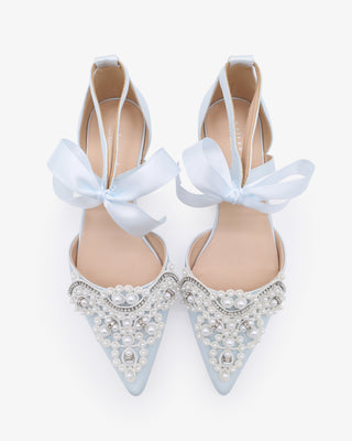 Light Blue Satin Pointy Toe Flats with Oversized Pearls Applique