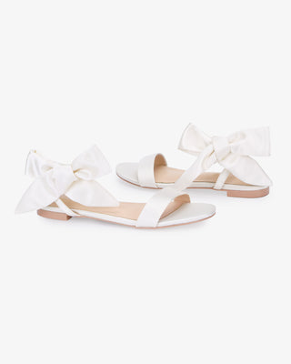 White Satin Wedding Flat Sandal with Luxe Tie, Bridal Shoes