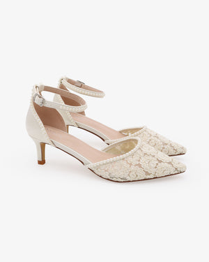Crochet Lace Pointy Toe Wedding Kitten Low Heel with Mini Pearls