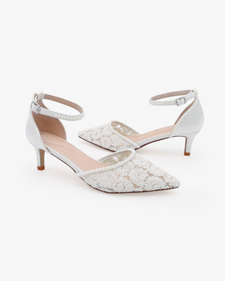 Crochet Lace Pointy Toe Wedding Kitten Low Heel with Mini PearlsWomen Shoes
