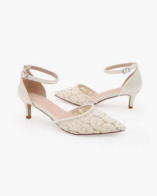 Ivory Crochet Lace Pointy Toe Wedding Kitten Low Heel with Mini Pearls