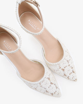 Crochet Lace Pointy Toe Wedding Kitten Low Heel with Mini PearlsWomen Shoes