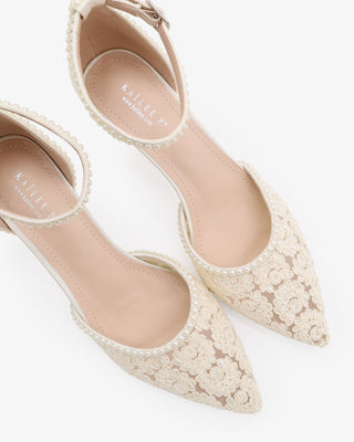Crochet Lace Pointy Toe Wedding Kitten Low Heel with Mini PearlsWomen Shoes