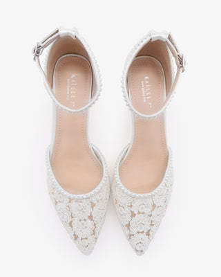 Crochet Lace Pointy Toe Wedding Kitten Low Heel with Mini PearlsWomen Shoes