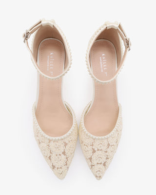 Crochet Lace Pointy Toe Wedding Kitten Low Heel with Mini PearlsWomen Shoes