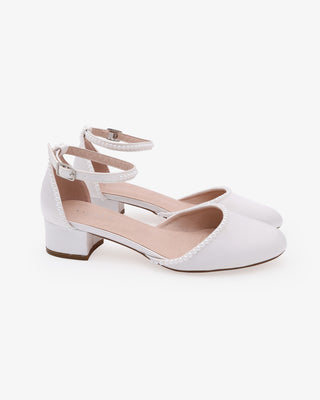 Round Toe Satin Low Block Heel with Mini PearlsWomen Shoes