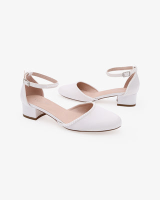 Round Toe Satin Low Block Heel with Mini PearlsWomen Shoes