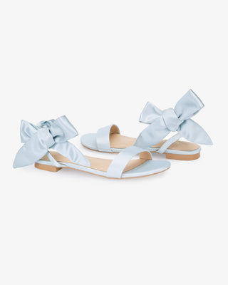 Light Blue Satin Wedding Flat Sandal with Luxe Tie, Bridal Shoes
