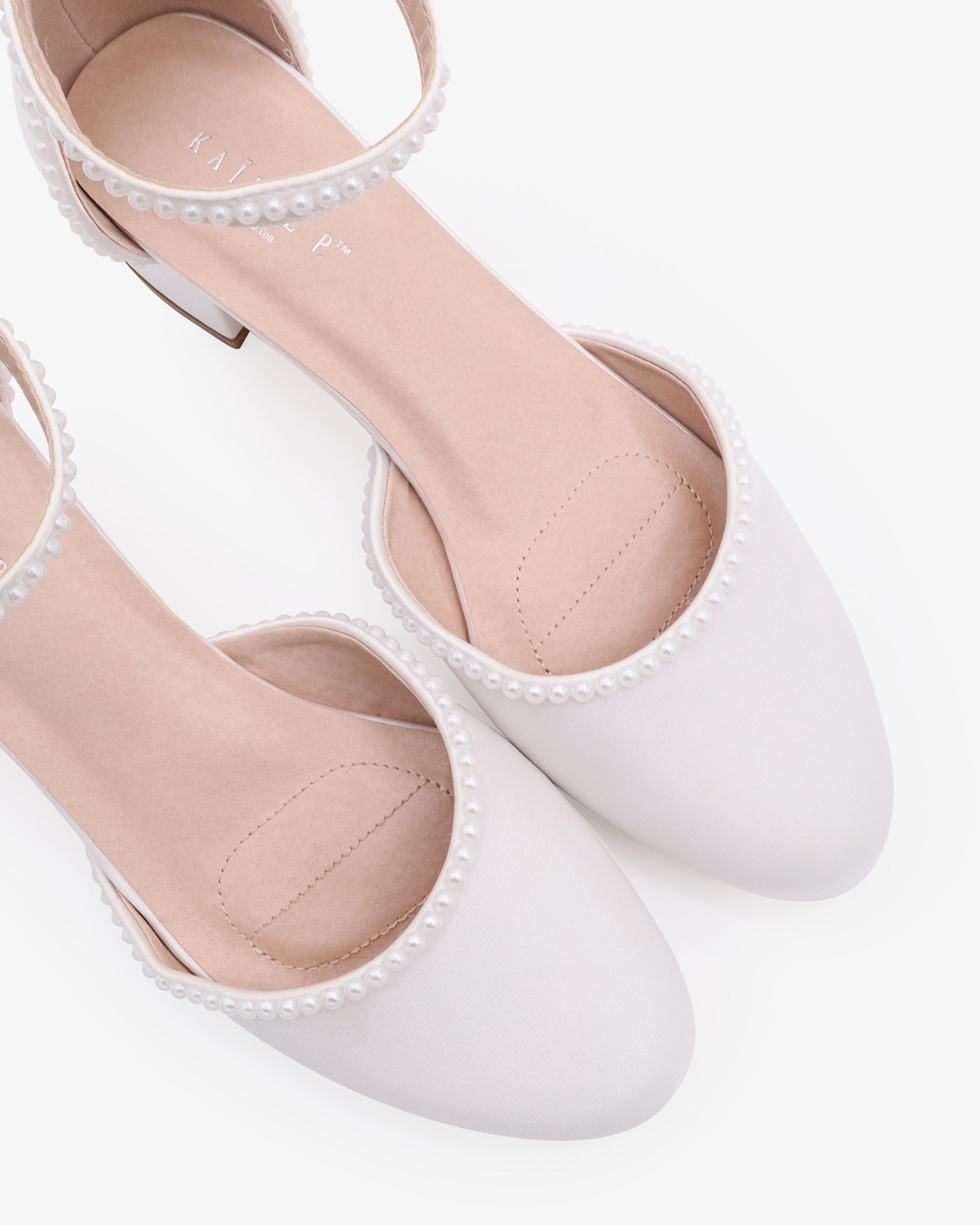 White Round Toe Satin Low Block Heel with Mini Pearls, Bridal Shoes