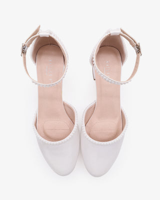 Round Toe Satin Low Block Heel with Mini PearlsWomen Shoes