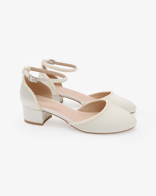 Round Toe Satin Low Block Heel with Mini PearlsWomen Shoes