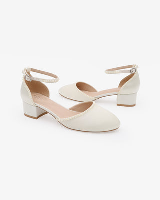 Round Toe Satin Low Block Heel with Mini PearlsWomen Shoes