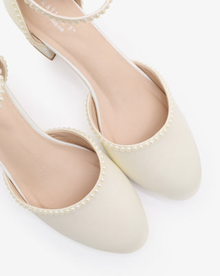 Round Toe Satin Low Block Heel with Mini PearlsWomen Shoes
