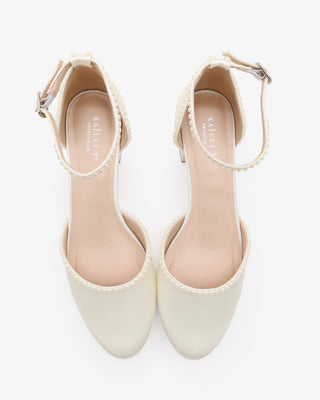 Round Toe Satin Low Block Heel with Mini PearlsWomen Shoes