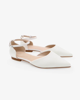 White Satin Pointy Toe Wedding Flats with Ankle Strap