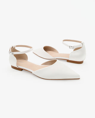 White Satin Pointy Toe Wedding Flats with Ankle Strap