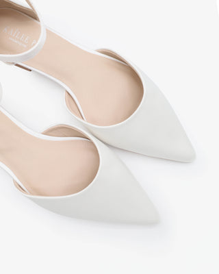 White Satin Pointy Toe Wedding Flats with Ankle Strap