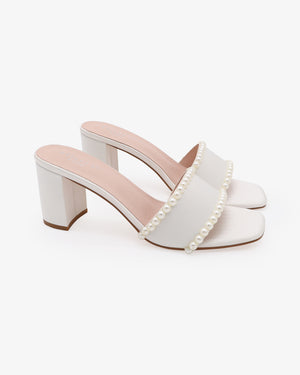 Satin Block Heels Slide Wedding Sandals with Pearls