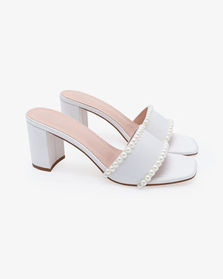 White Satin Block Heels Slide Wedding Sandals with Pearls